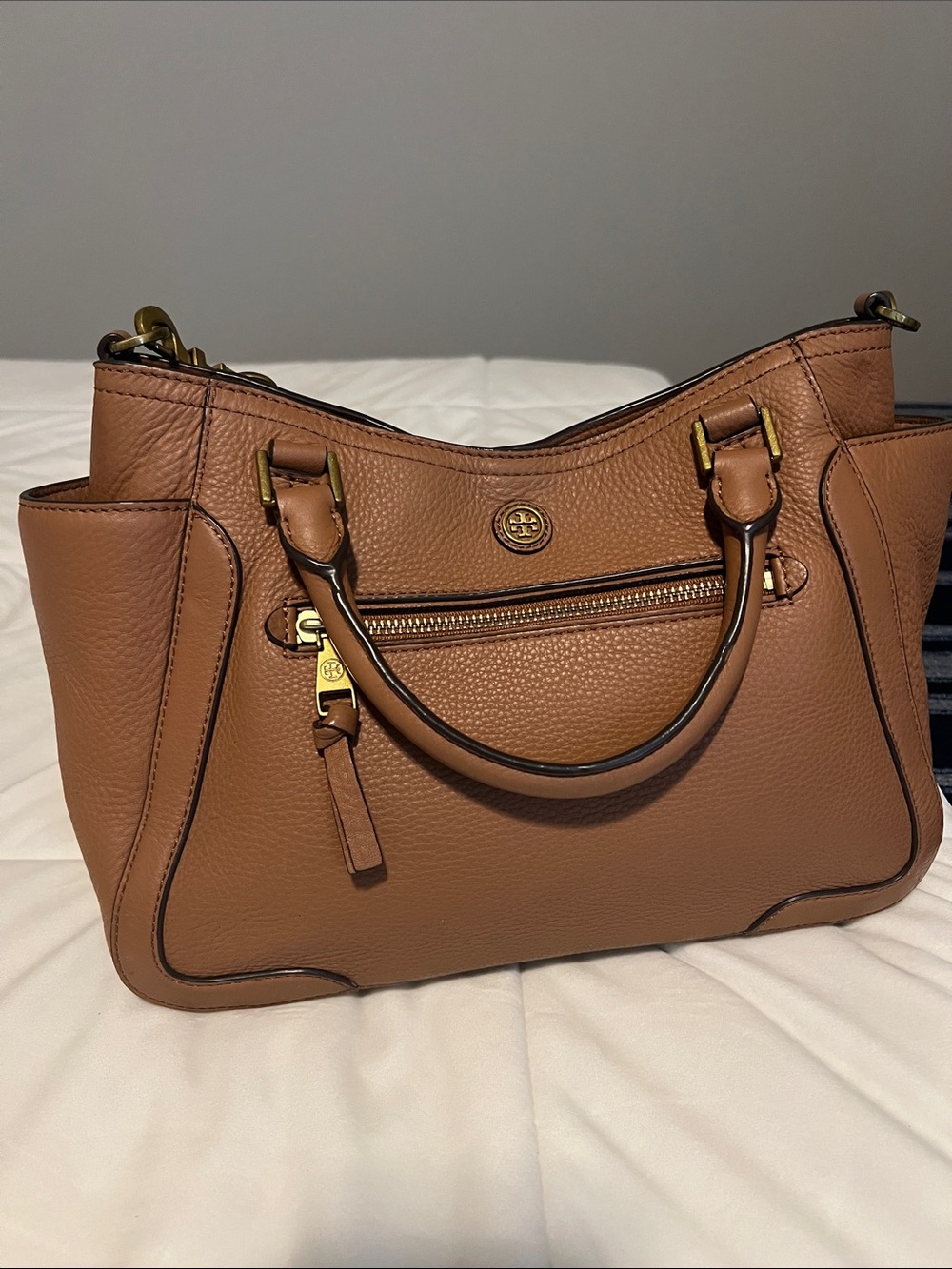 Tory Burch Cognac Pebbled Leather Satchel with Gold Hardware